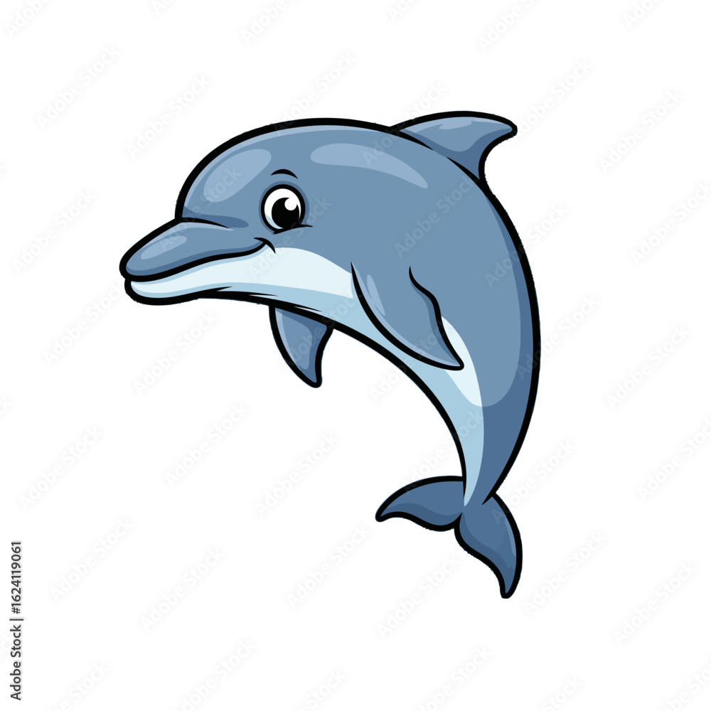 Fototapeta premium Cartoon illustration of a smiling dolphin leaping upwards against a white background.