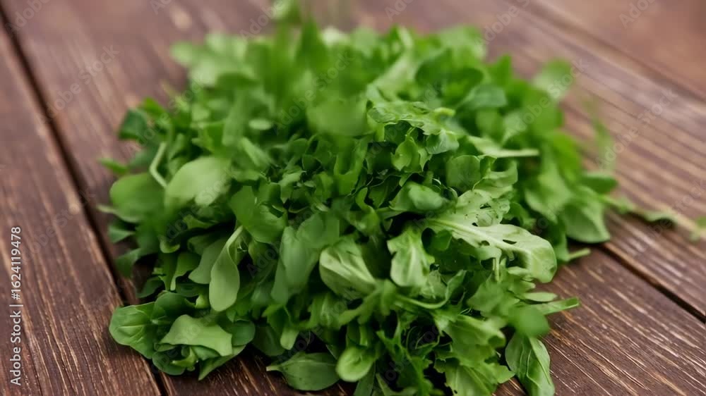 Fresh Arugula Leaves Falling on Wooden Table, Healthy Food Concept Fresh Arugula Leaves Falling on Wooden Table, Healthy Food Concept