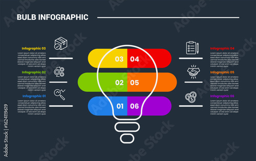 bulb creative idea solution infographic process diagram with round rectangle box with stacked layer and opposite with dark background bright outline style 6 points