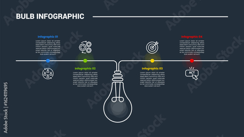 bulb creative idea solution infographic process diagram with long horizontal line up and down line with dark background bright outline style 4 points