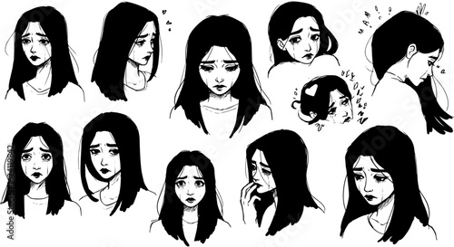 Studies of a crying woman's expressions, showcasing various states of sadness, despair, and emotional distress in black and white line art.