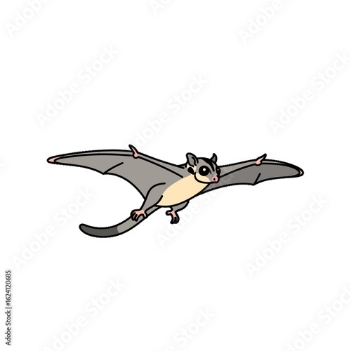 Cartoon illustration of a flying sugar glider with outstretched wings, gliding.
