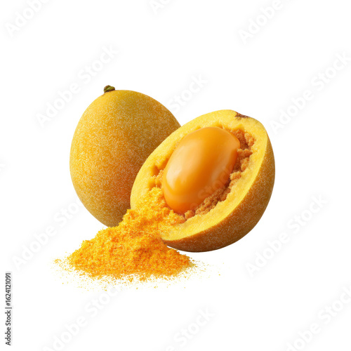 Fresh Organic Lucuma Fruit with Powder, Cut Open Showing Seed and Pulp