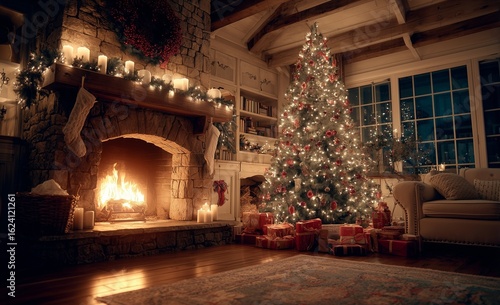 Wallpaper Mural Cozy living room at night with a beautifully decorated Christmas tree and wrapped presents beside a glowing fireplace, featuring red and green holiday decorations and a warm festive atmosphere Torontodigital.ca