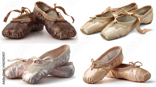 Four pairs of ballet slippers in various states of wear, laid side-by-side