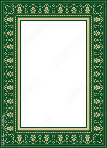 Vector gold with green square Turkish national ornament. Ottoman border, frame. Ethnic floral rectangle, Seljuk Turks pattern. Decoration of the Sultan's palaces.