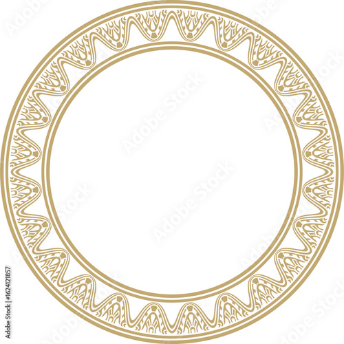 Vector round Assyrian gold ornament. Circle, border, frame of Mesopatamia. Pattern, ring of the ancient East.