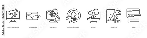 Digital Reach Engine banner web icon set vector illustration concept with icon of online marketing, bounce rate, marketing, marketing strategy, research, influencer, page