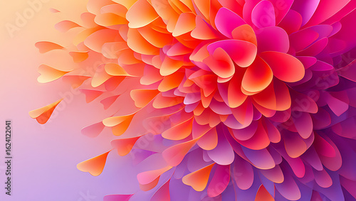 Vibrant abstract explosion of colorful petals in a soft gradient of pink orange and purple creating a beautiful floral or cosmic effect