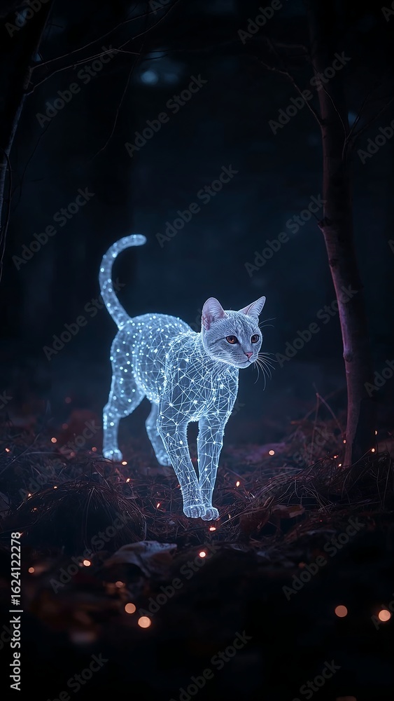 Obraz premium A glowing fiber-optic cat walks through a dark, digital-lit forest. Ethereal light, mystical ambiance, soft shadows, surreal and futuristic. Ideal for fantasy, tech, or dreamlike concepts.