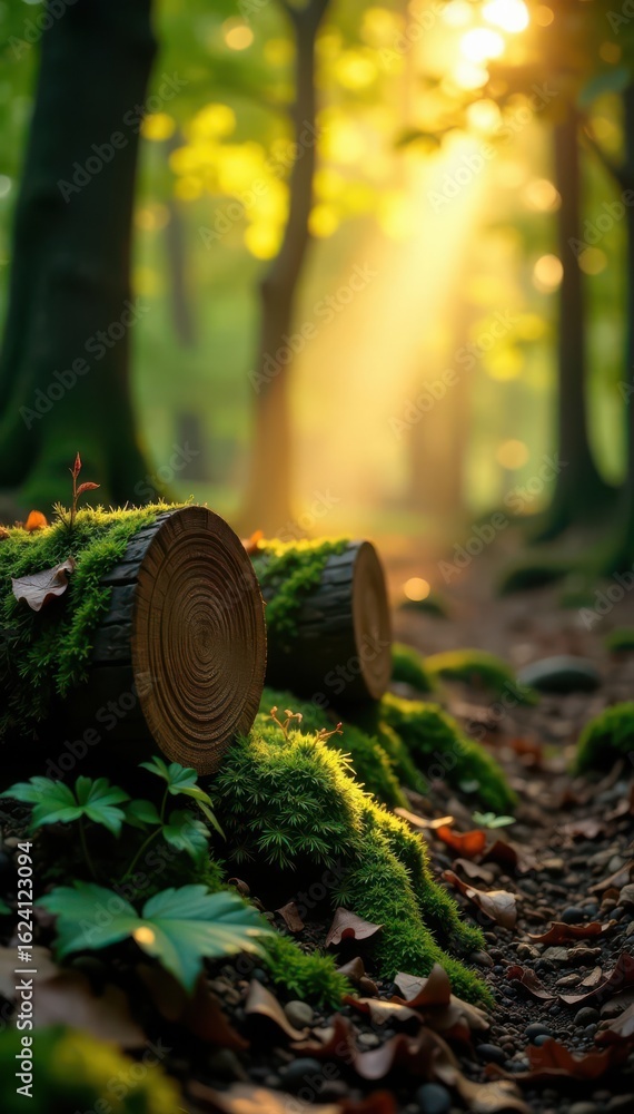 Obraz premium Golden light filters through leaves, illuminating moss-covered logs, backdrop, calm
