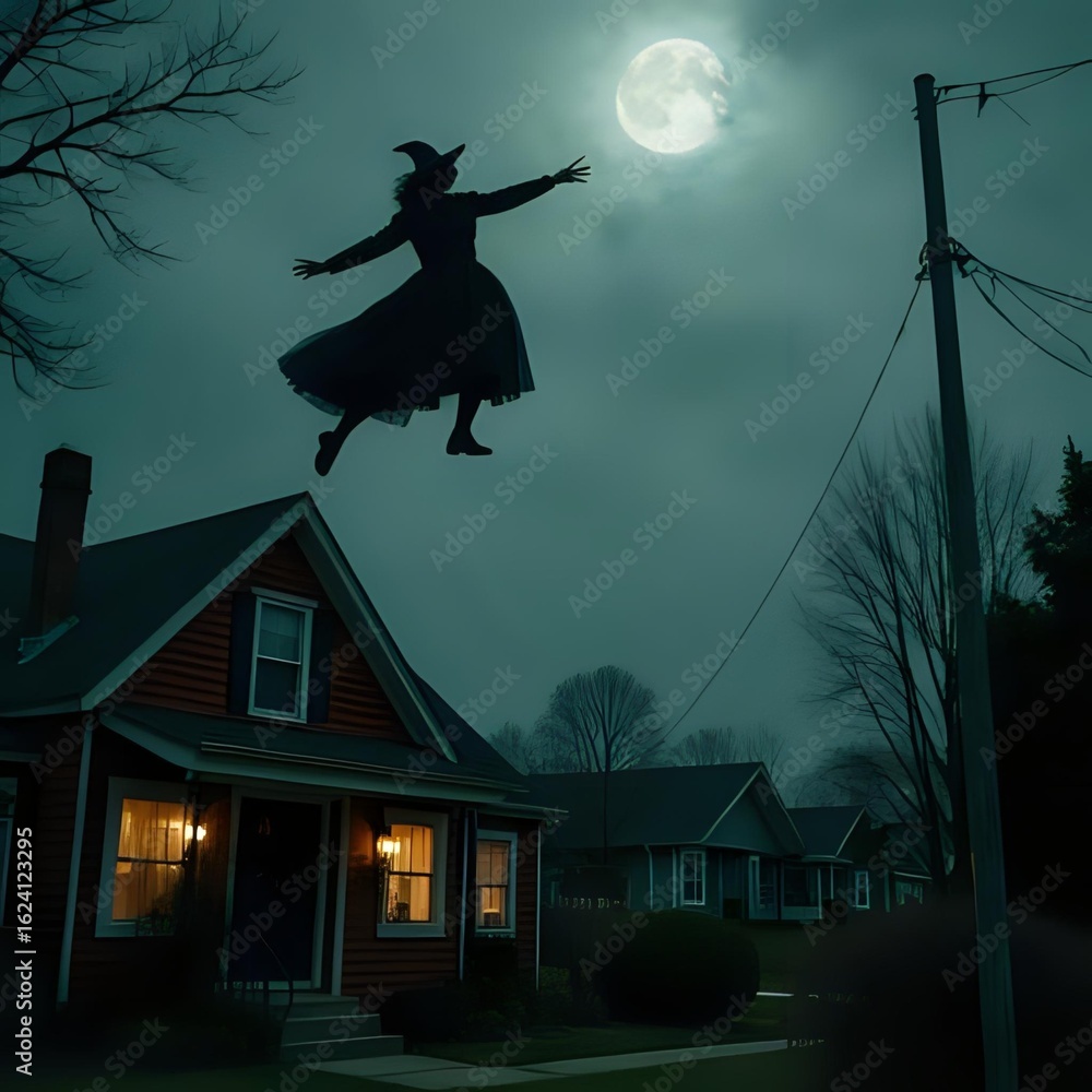 Naklejka premium Witch silhouette dancing in moonlight above cozy house with warm glowing windows and power lines