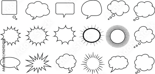 Comic speech and thought bubbles set, blank cartoon text boxes, pop art style dialog frames, hand-drawn explosion effects