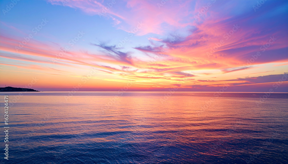 Fototapeta premium Serene Sunset Over Ocean: The ocean under a vibrant sunset, a canvas of vivid pinks, purples, and oranges paints the sky. The calm sea mirrors the colors above.
