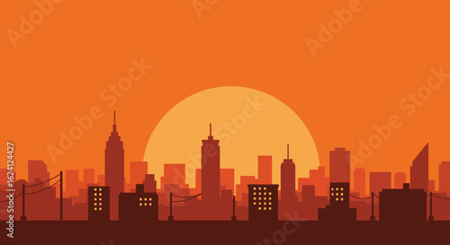 Cityscape Silhouette at Sunset with Buildings and Warm Orange Sky
