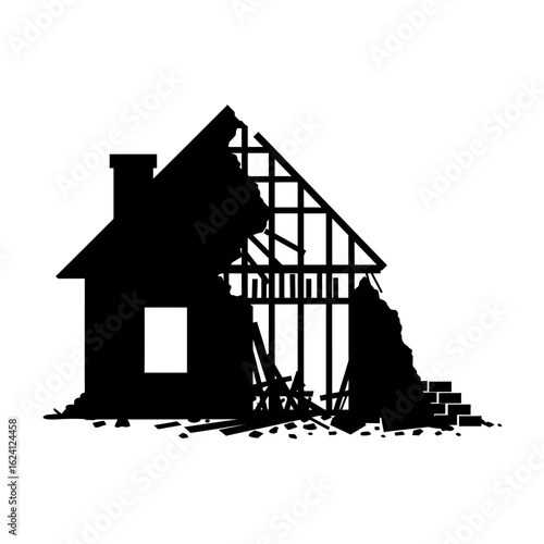 A minimalist black silhouette vector illustration depicts a partially collapsed house, symbolizing concepts of ruin, demolition, or disaster.