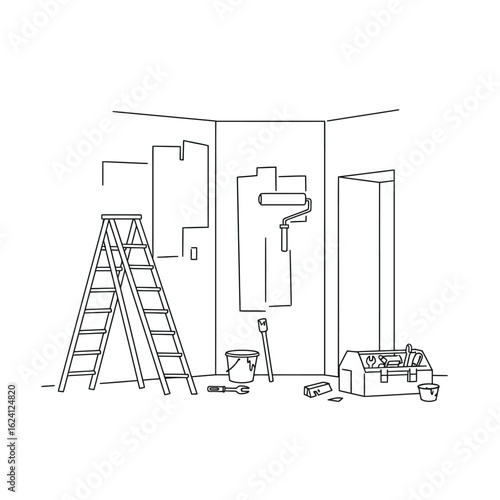 Line art illustration of a room undergoing renovation, featuring a stepladder, paint roller, paintbrushes, paint can, toolbox, and wall with partially applied wallpaper, ideal for home improvement