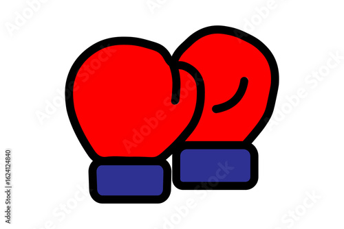 A colorful, cartoon-style illustration of a pair of boxing gloves. The gloves are red with thick black outlines and have dark blue cuffs