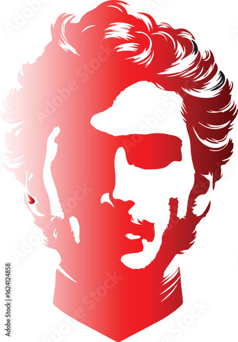 This stylized portrait depicts a man with voluminous curly hair, rendered in shades of red, creating a vibrant and dynamic visual effect.