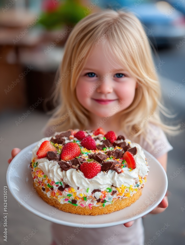 Happy child holding a decorated cake Happy child holding a decorated cake