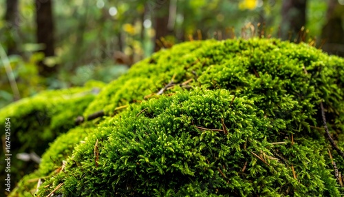 Lush Green Moss Covering Rock in Forest with Nature Closeup, and Organic Texture.