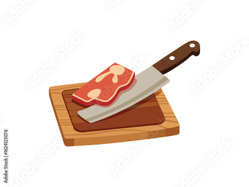 A chef s knife cutting raw steak on a wooden cutting board isolated on white background
