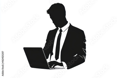 Man in tie adjusting laptop settings icon vector illustration isoleted on white background in black silhouette complex photo.