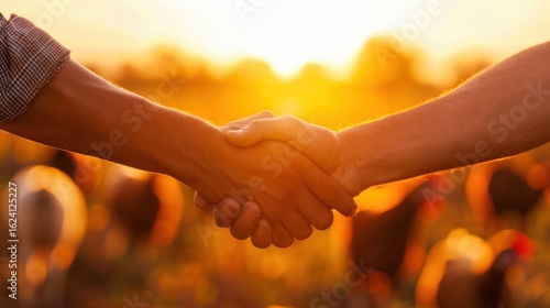 Fototapeta Naklejka Na Ścianę i Meble -  Agricultural partnership handshake at golden sunset in a farm field