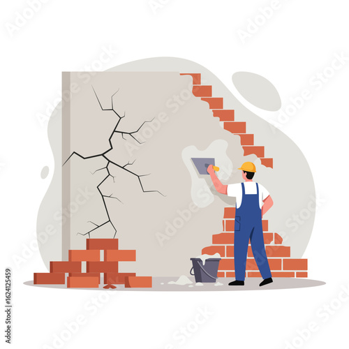 A construction worker in blue overalls and yellow helmet repairs a cracked wall with plaster and bricks, symbolizing renovation and building.