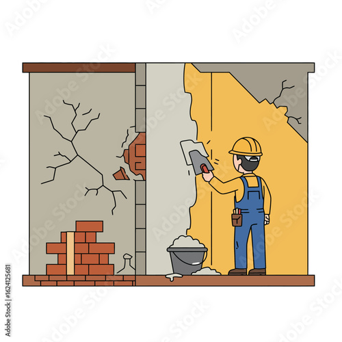 A construction worker wearing a yellow helmet skillfully repairs a damaged wall using a trowel, showcasing his expertise in bricklaying and plastering.