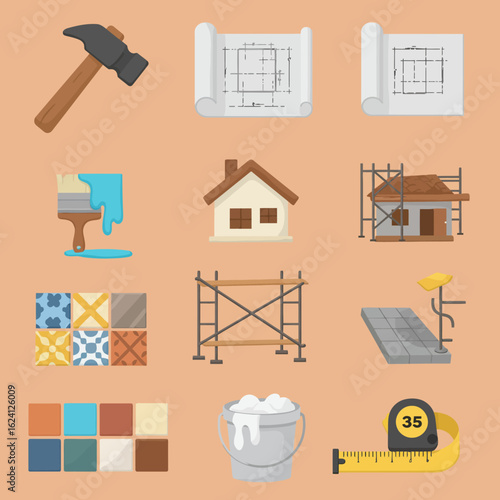 A comprehensive collection of flat vector icons illustrating various tools, materials, and stages involved in home construction and renovation projects.