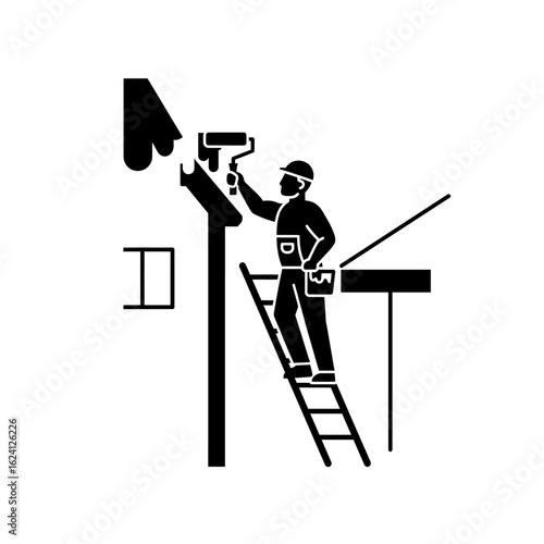 A painter stands on a ladder, carefully applying paint to the exterior of a house using a paint roller, showcasing meticulous attention to detail and professional house painting.