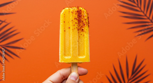 ''A refreshing mango popsicle with chili flakes, held against a vibrant orange background with tropical leaf shadows, evoking a...