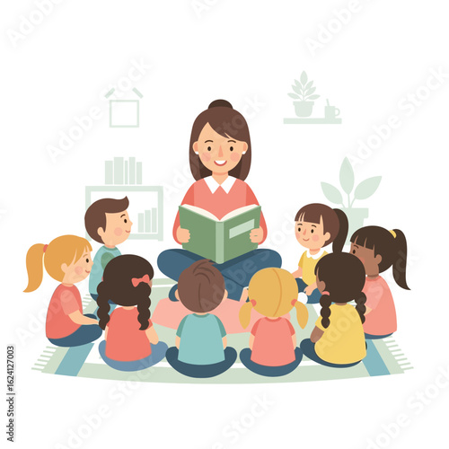 A female teacher reads a storybook to a group of young children sitting together in a circle on a rug.