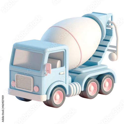 3D Cute Render Light Blue Cartoon Concrete Mixer Truck