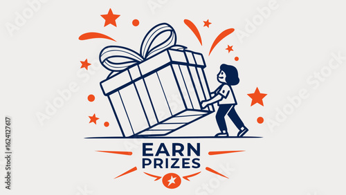 Person pushing a large gift box with earn prizes text below