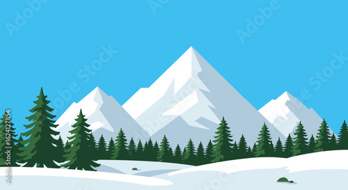 Cartoon winter landscape with snow covered mountains and evergreen trees illustration