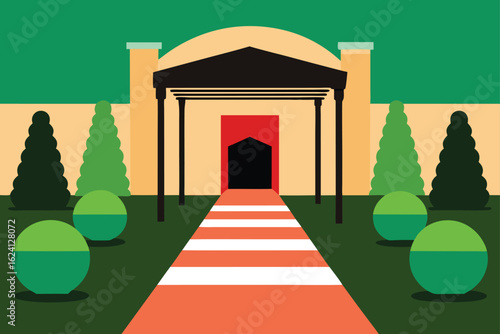 hotel entrance with manicured garden path  .eps
