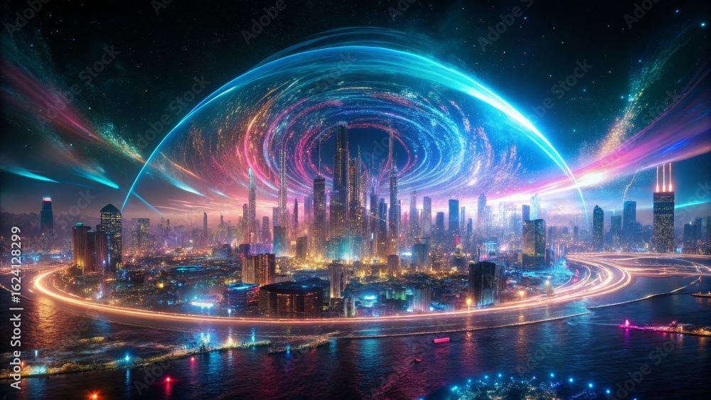 Fototapeta premium Futuristic Cityscape with Energy Swirls