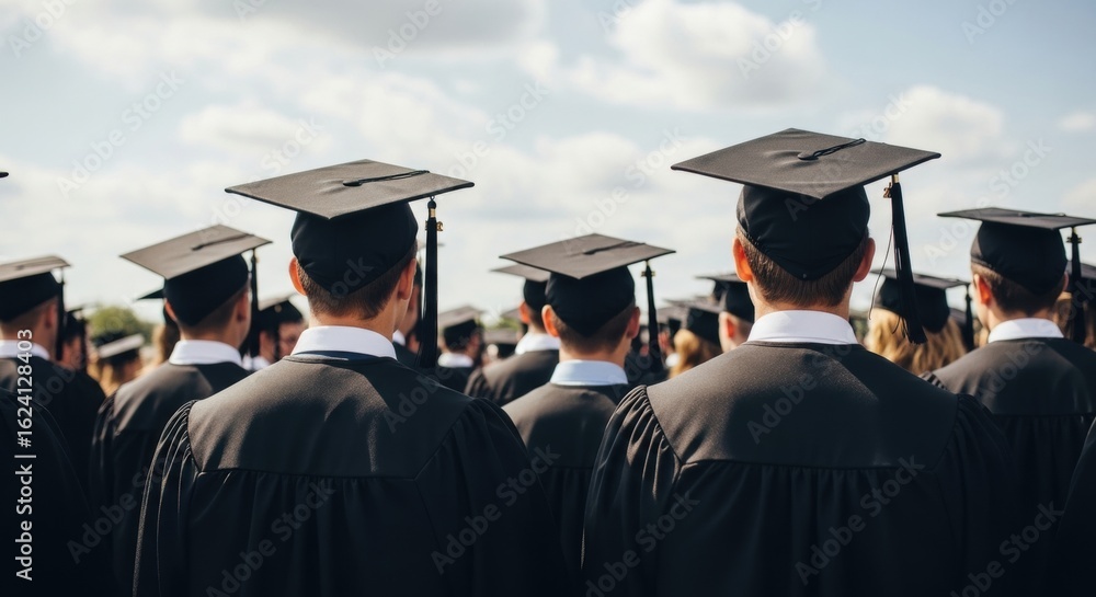 Obraz premium Graduation Day: A Sea of Caps and Gowns Under a Cloudy Sky