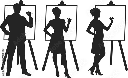 Businesspeople silhouette presenting on flipcharts, professional meeting, corporate training, teamwork, leadership, office presentation, communication skills, strategy discussion, 