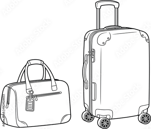 Travel luggage set with rolling suitcase, handheld bag, durable wheels, zippered compartments, stylish travel accessories, portable design, carry-on essentials, cad drawing vector illustration