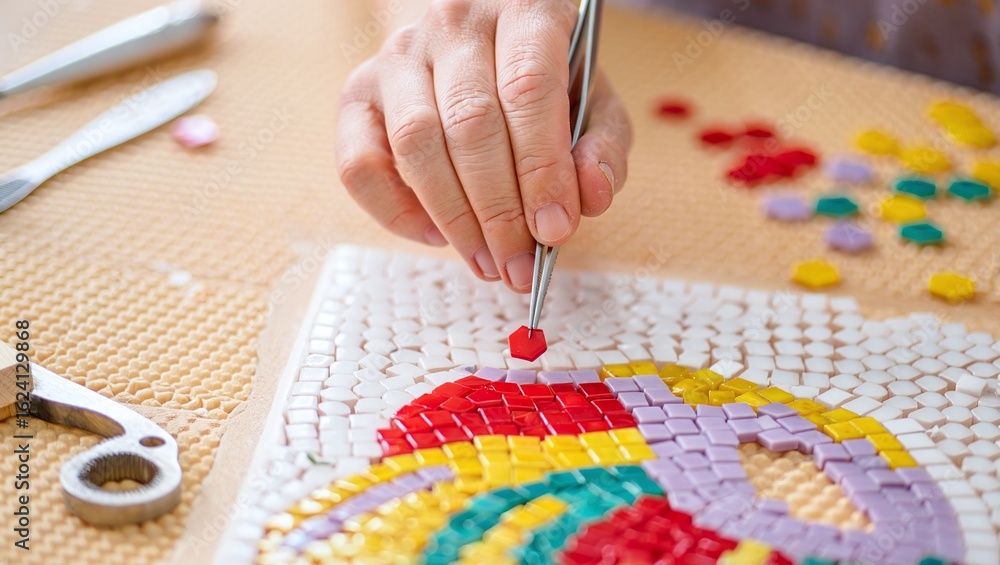 Fototapeta premium Creating a vibrant mosaic art project with colorful tiles and precise placement for handmade crafts and hobby enthusiasts artistic expression