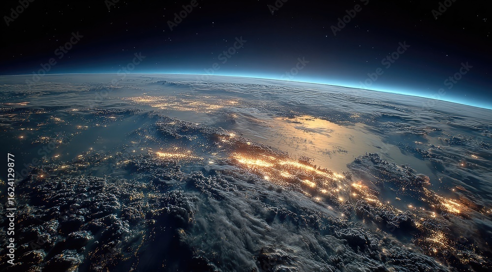 Obraz premium Night view of Earth from space, showing city lights and cloud cover