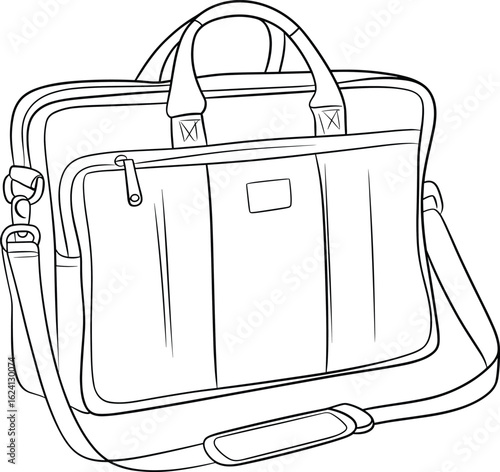 Stylish laptop bag with dual handles, adjustable shoulder strap, front zippered compartment, padded interior, durable fabric, professional design, CAD line art, flat vector illustration