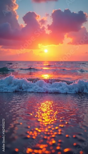 Soft pastel sunset over calm ocean, reflecting light on wet sand , tranquil, light