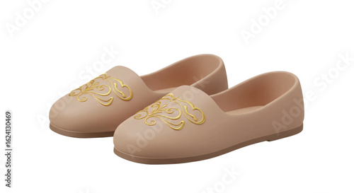 3D Render Pair of Beige Slippers with Gold Embroidered Design