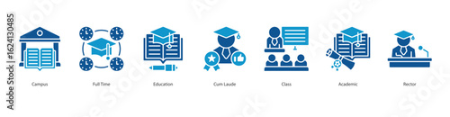 Academic Excellence banner web icon set vector illustration concept with icon of campus, full time, education, cum laude, class, academic, rector