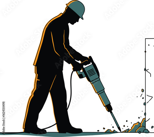 Construction workers holding tools such as a drill, hammer, and chisel, wearing helmets and other equipment on the job
