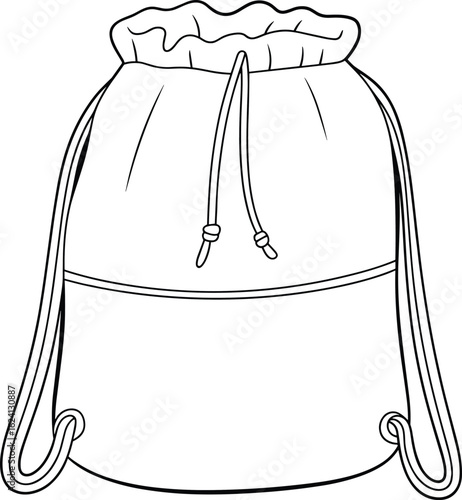 Drawstring backpack bag design, casual sport bag, travel drawstring sack, rope strap bag, front view illustration, CAD drawing flat vector illustration
